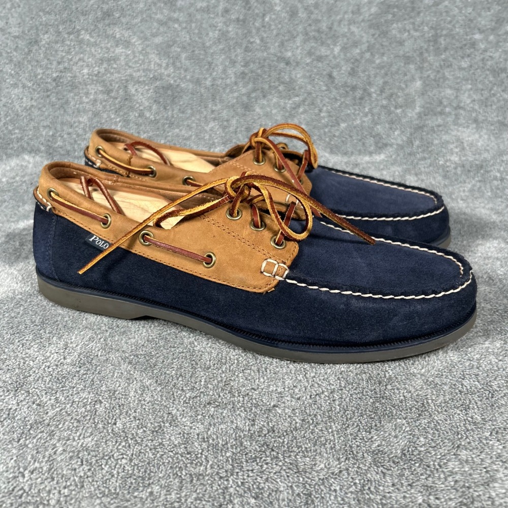 Polo Ralph Lauren Boat Shoes Bienne Mens Navy Suede Tan Leather 11D 00000879